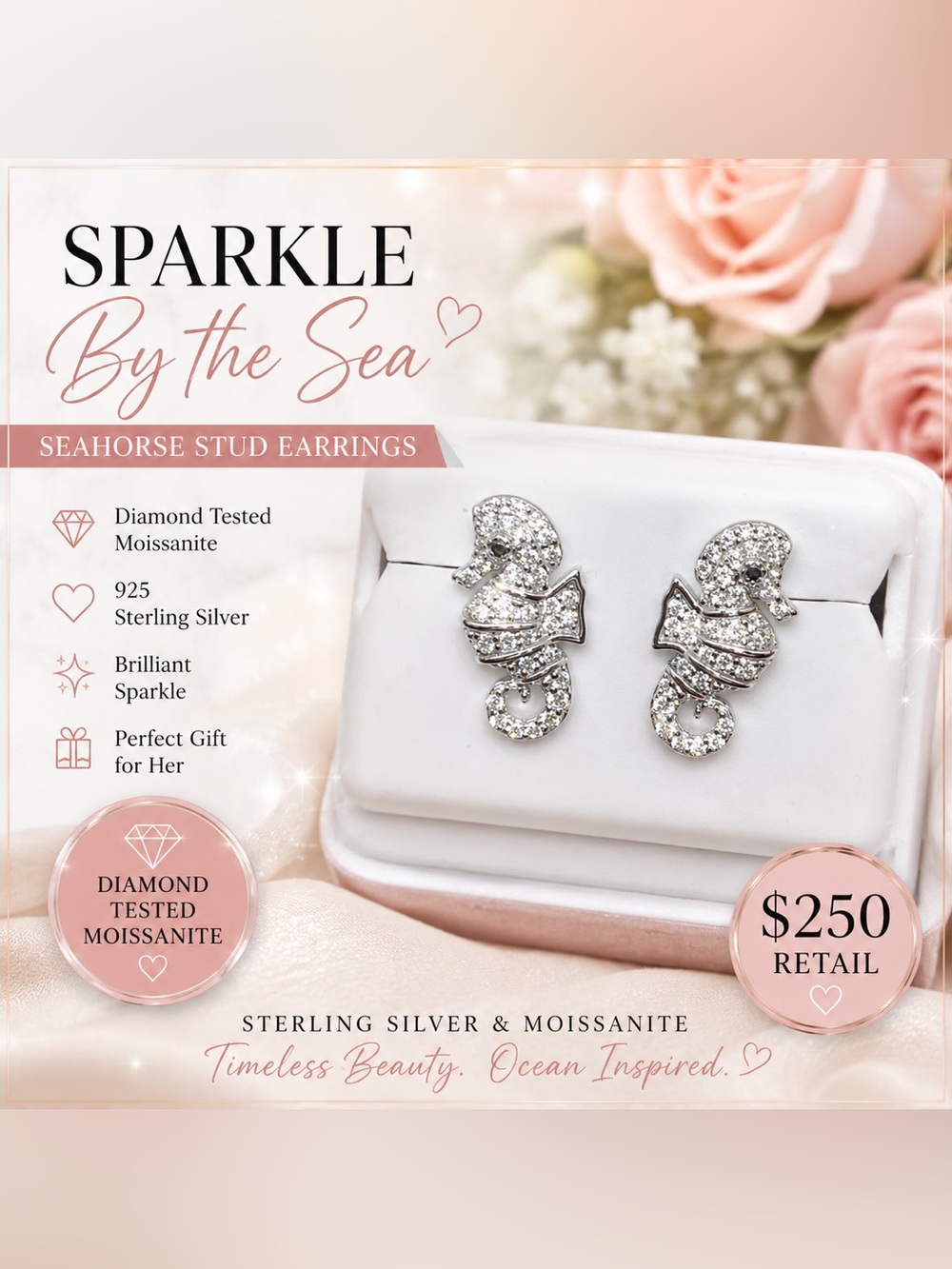 Sterling Silver & Moissanite Seahorse  Stud Earrings - $250 retail